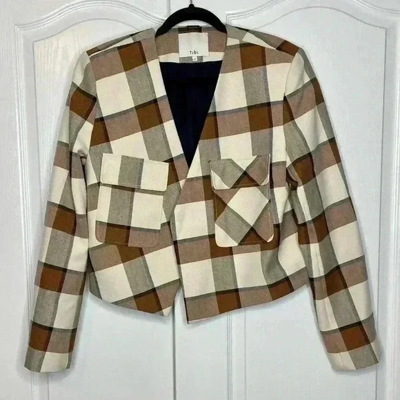 Tibi Dylan Plaid Cream Cropped Jacket Blazer in Ivory Camel Size 12 - Picture 5 of 16